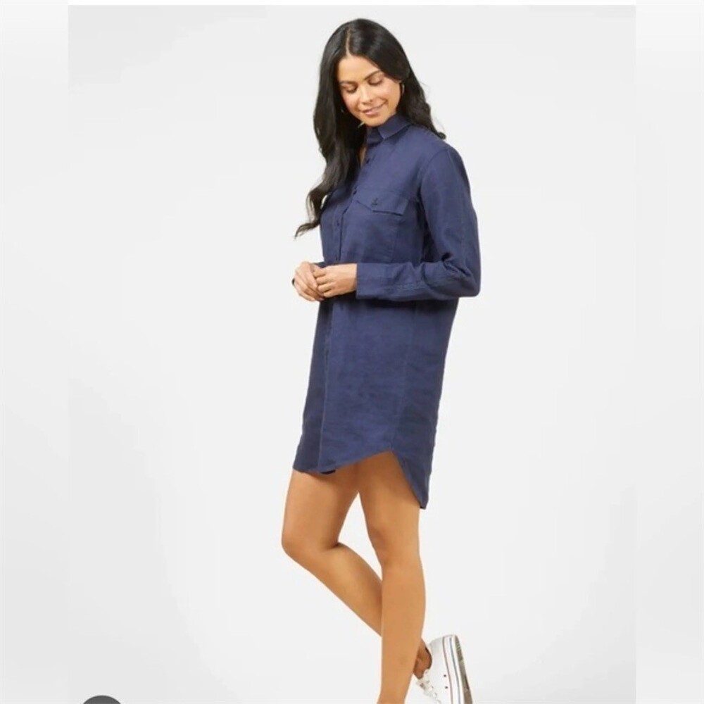 Outerknown Shirt Dress Women’s Navy Lace Trim Button Down Curved Shirt-tail Hem